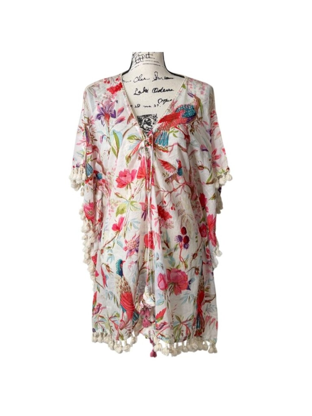 Z&L Anthropologie Floral Beach Cover Up Tropical Birds Tunic Kimono Tassel OS